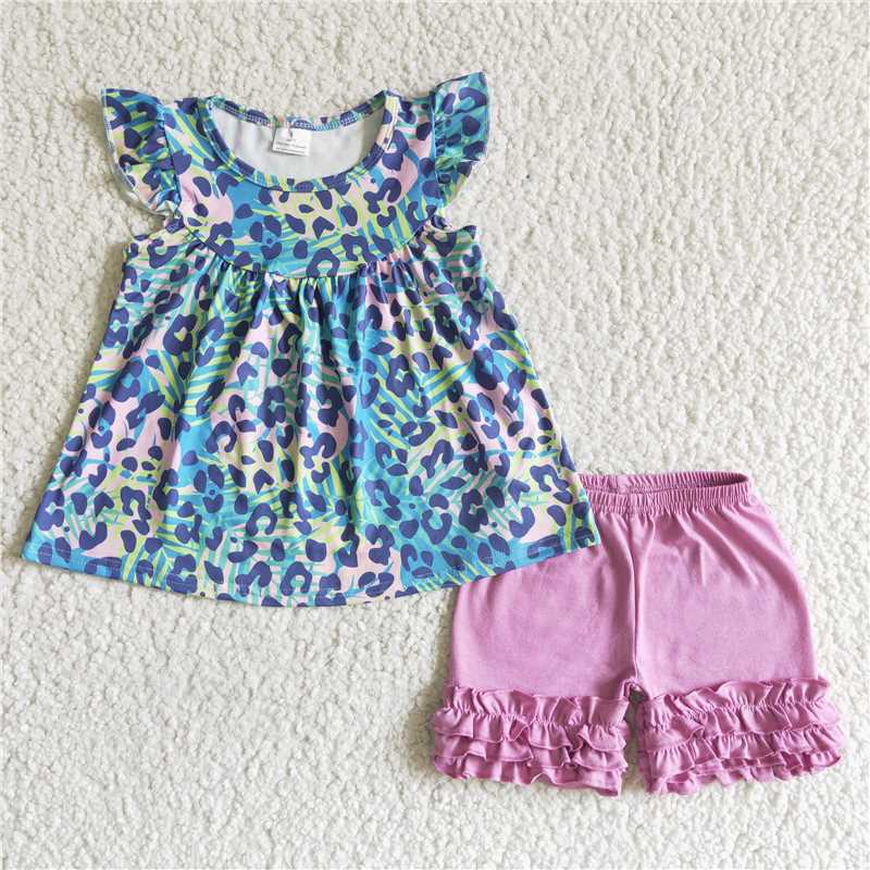 rts no moq GSSO0025 Blue Little Flying Sleeve Purple Shorts Set