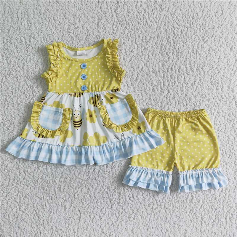 rts no moq GSSO0086 Girls Yellow Melissa Sleeveless Lace Shorts Set