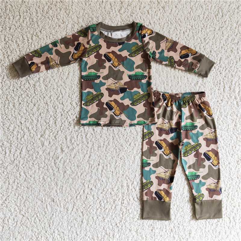 BLP0124 boys outfit long sleeve and long pants camouflage tank print pajamas