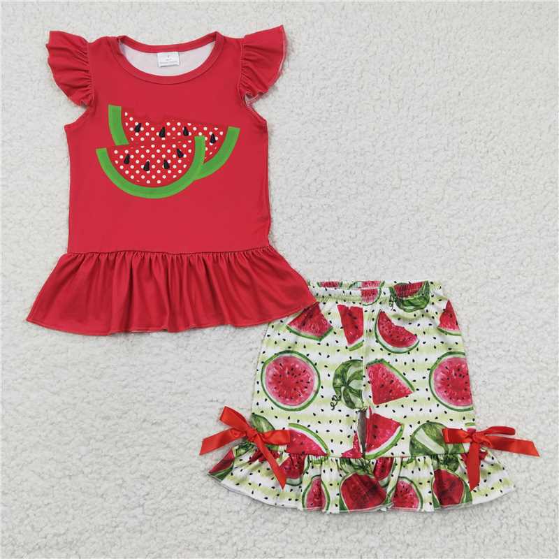 rts no moq GSSO0191 Girls Watermelon Red Flying Sleeve Shorts Set