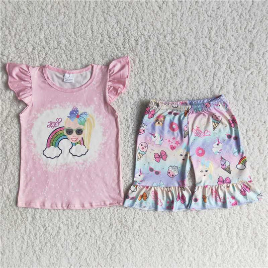 Girls cartoon pink flying sleeve shorts suit