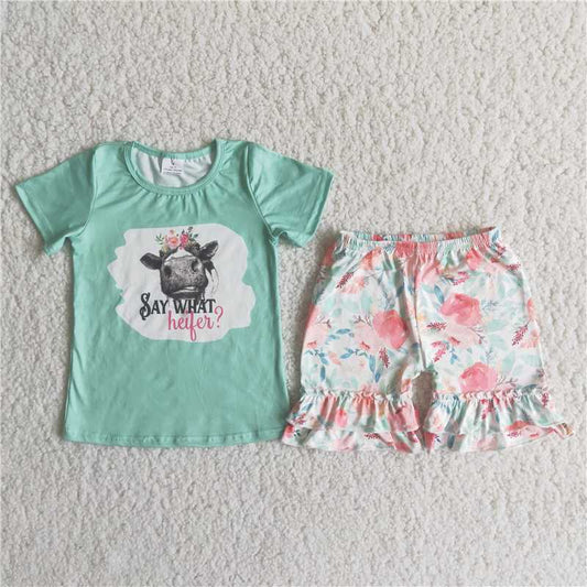 C4-16 SAY WHAT bull head green short-sleeved floral shorts set