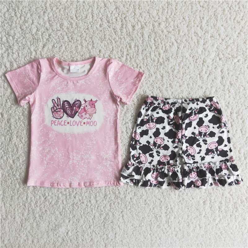 Girls pink short-sleeved cow spot shorts outfits