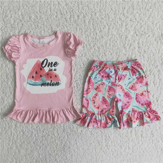 Girls Pink Watermelon Puff Sleeve Shorts Outfits