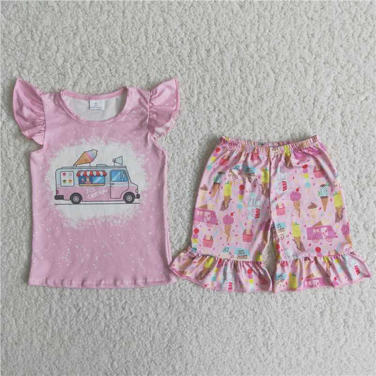 Girls Pink Little Flying Sleeve Ice Cream Outfits