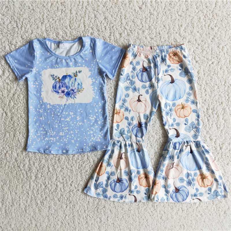 B9-13 Girls Halloween Pumpkin Blue Short Sleeve Pants Set