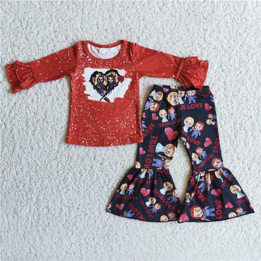 Halloween red bleached love pattern girl set