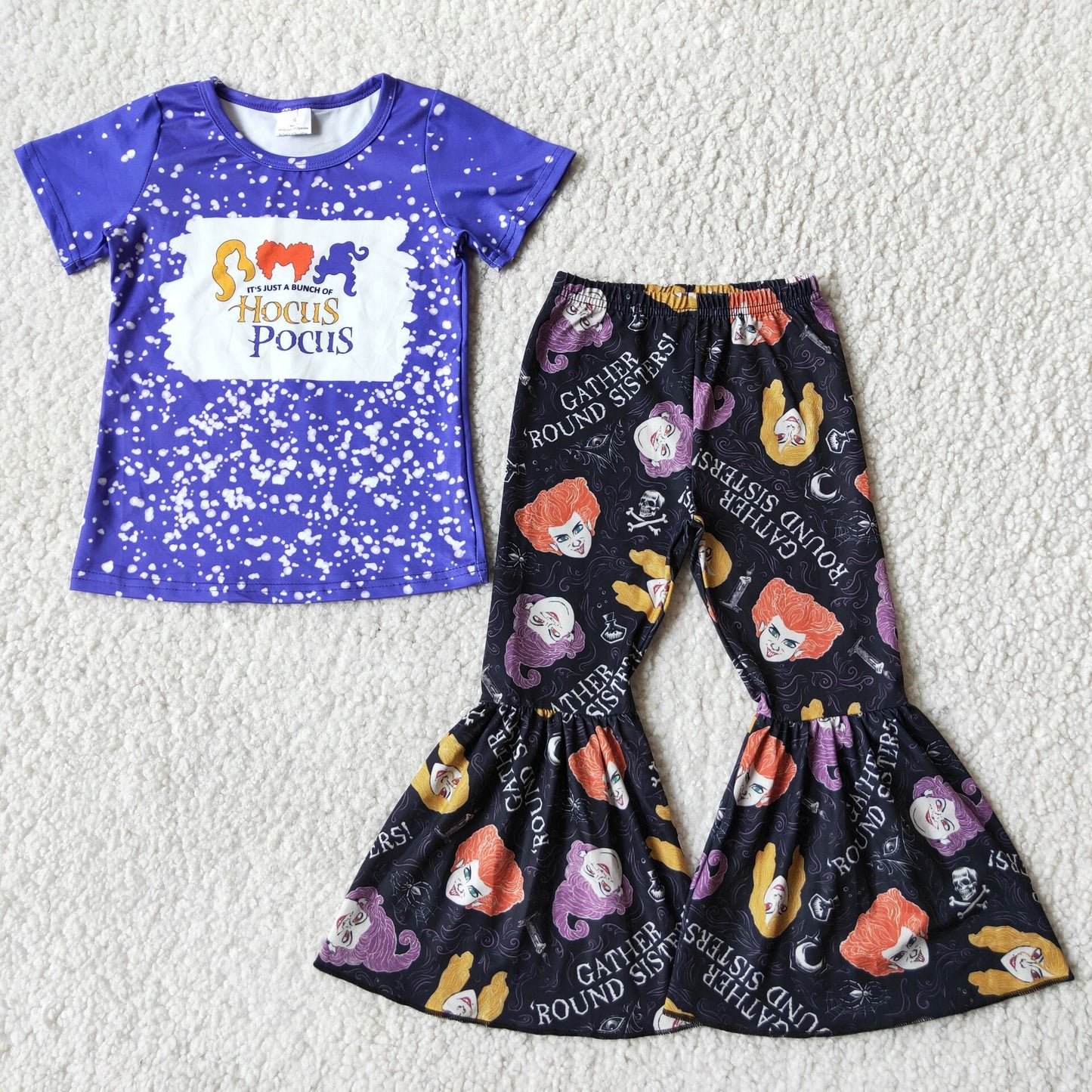 E3-17 Halloween Tricolor Hairstyle Letters Purple Top Flared Pants Set