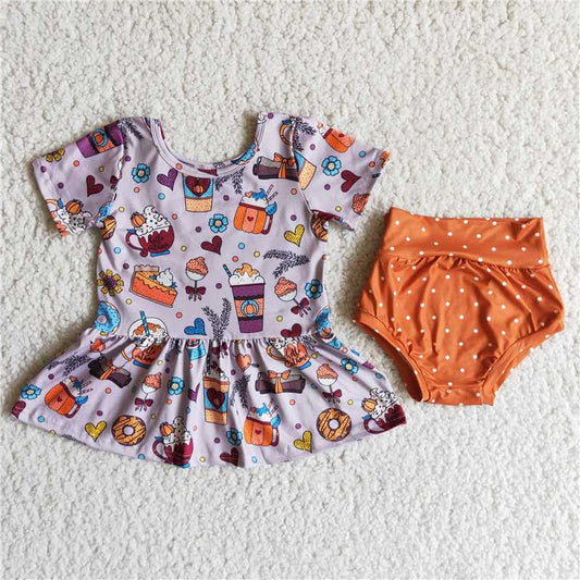 A5-4 Pumpkin Cup Purple Short Sleeve Top Orange Polka bummies Suit