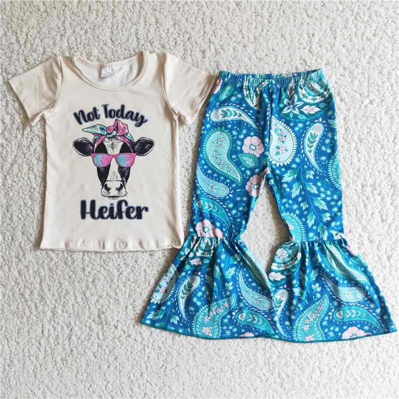 E4-19 Kids Clothing Girls Short Sleeve Top And Long Pants Cow Print