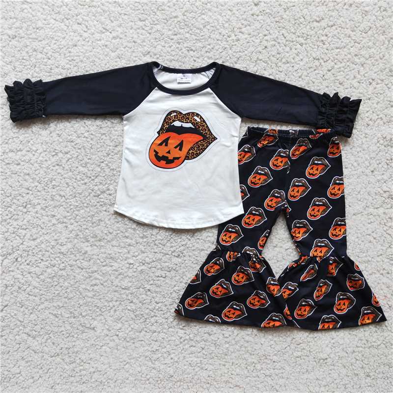 black sleeves top mouth pattern girl set