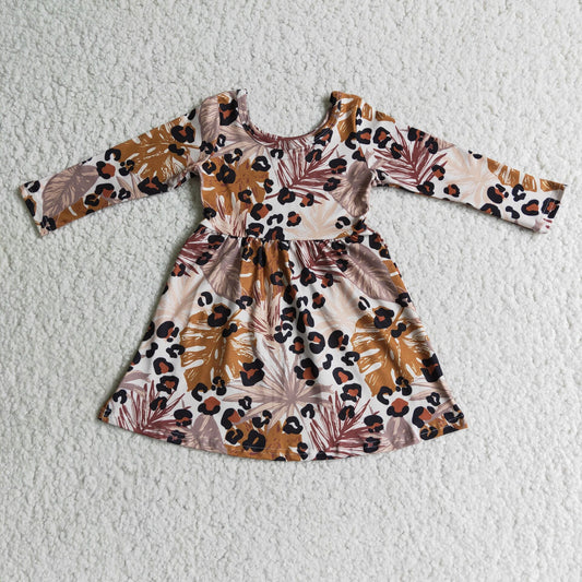brown leopard leaves long sleeve dress