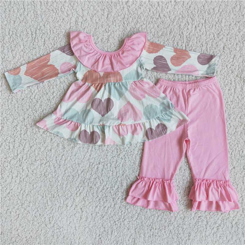 Valentine love heart print pink ruffle set