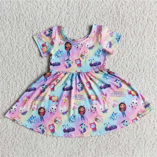 E4-6 Girls Cartoon Print Short Sleeve Dress