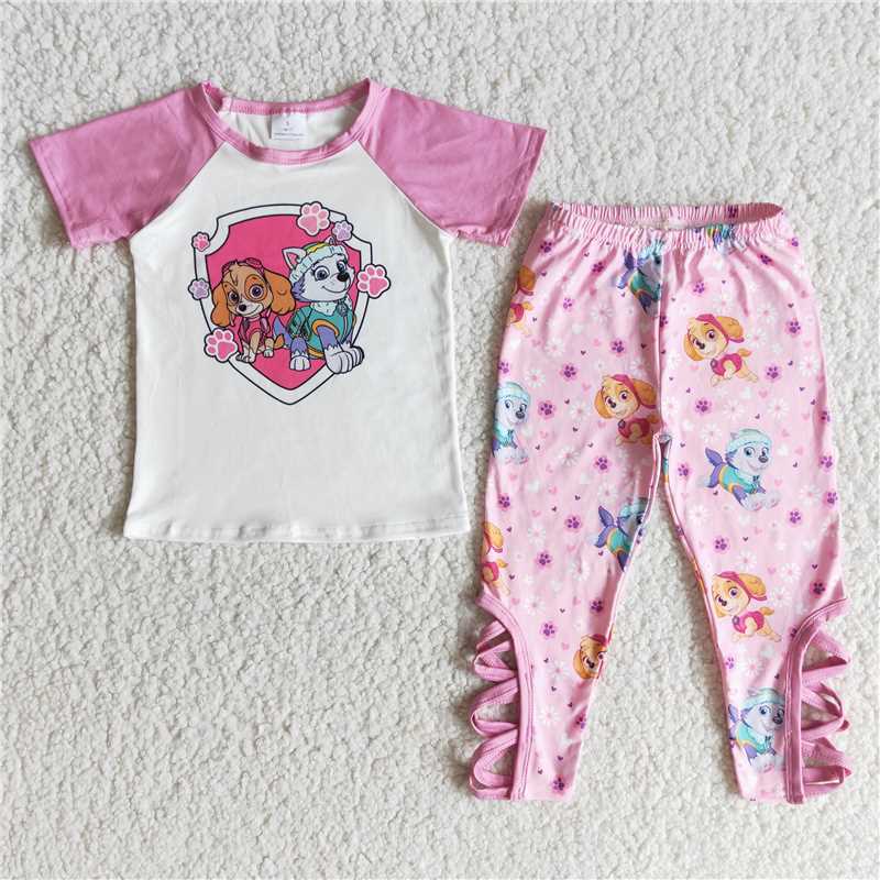 Cartoon dog pink short-sleeved trousers suit