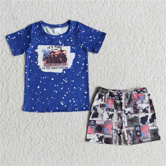 blue bleached shirt singers flag boy short sleeve pants set