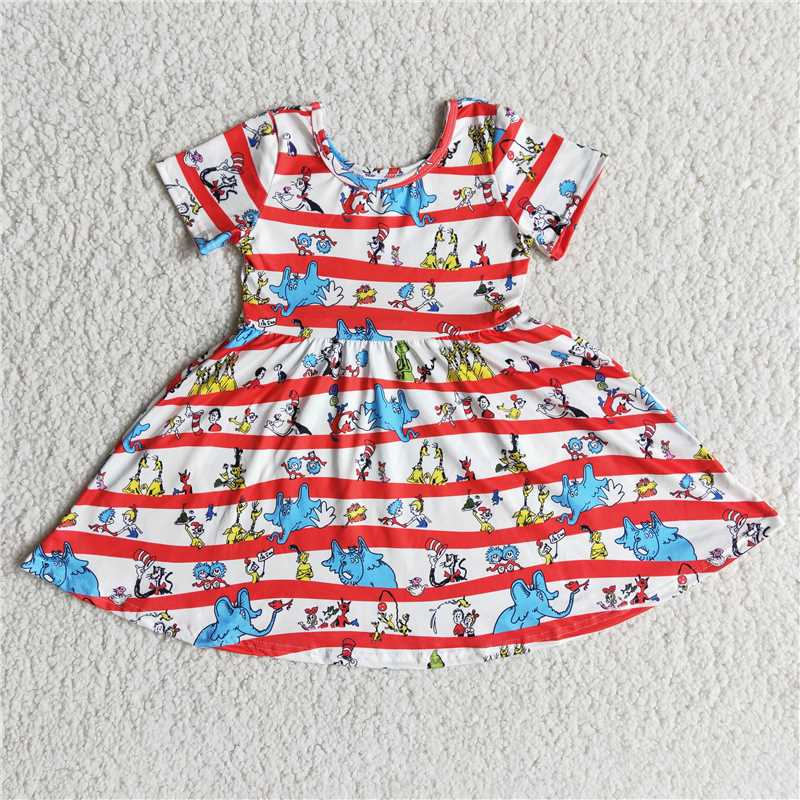 B1-11 baby clothing short sleeve cartoon print kids dresses for girls milk silk