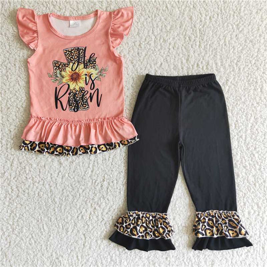 EC0003 Easter Cross Orange Leopard Fly Sleeve Black Pants Outfits