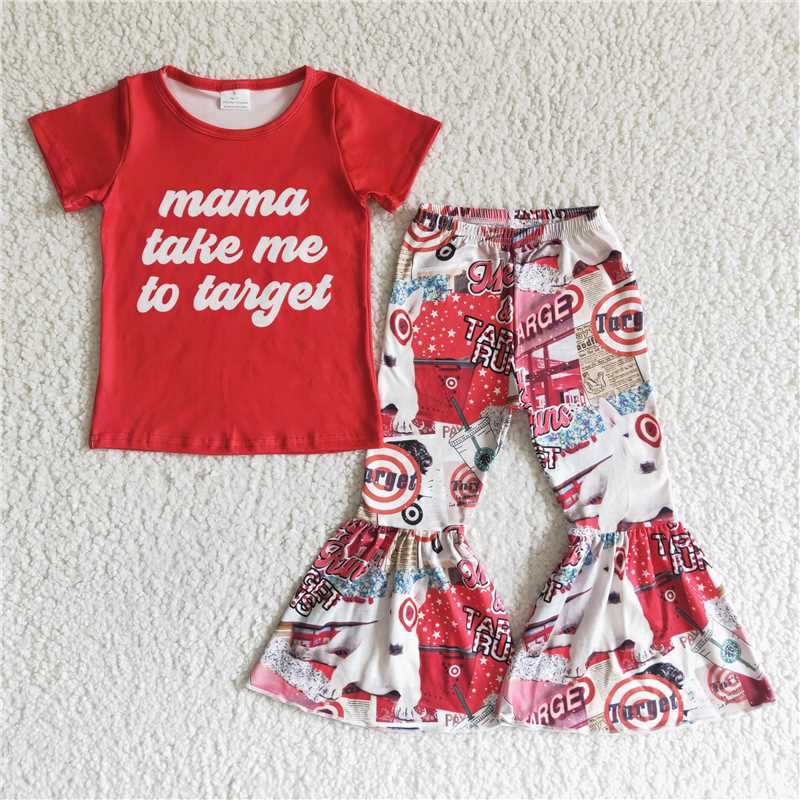 rts no moq GSPO0006 Letter Red Short Sleeve Flared Pants Outfits