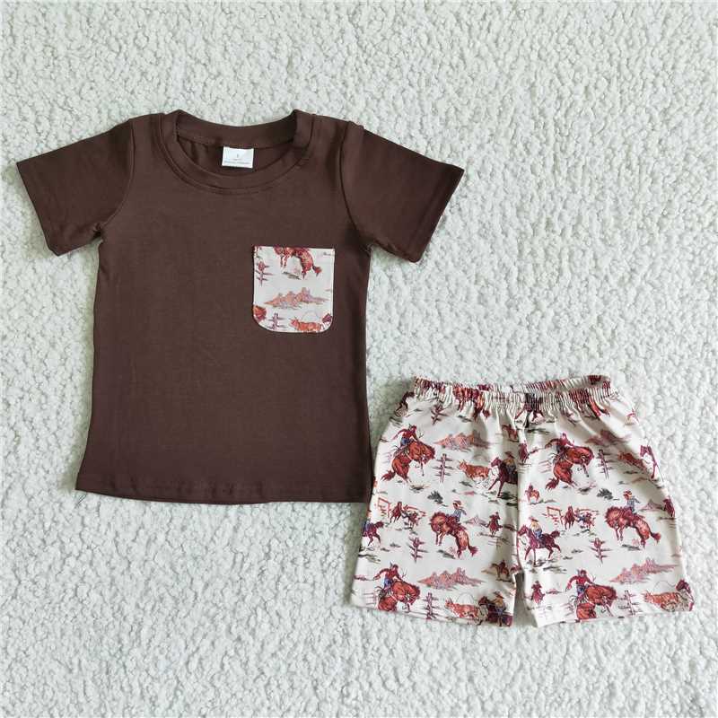 BSSO0015 Baby boys cartoon print short sleeve short pants milk silk kids summer outfit