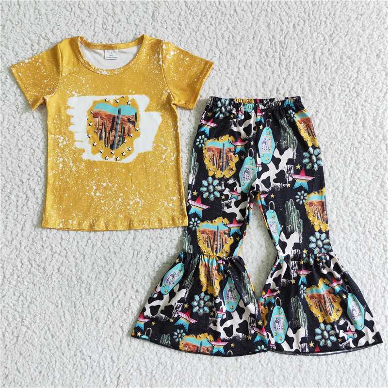 GSPO0025 Yellow Desert Cactus Cow Flared Pants Set