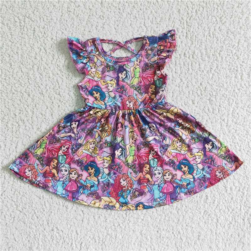 GSD0049 baby girls dress over knee cartoon print clothes flying sleeve