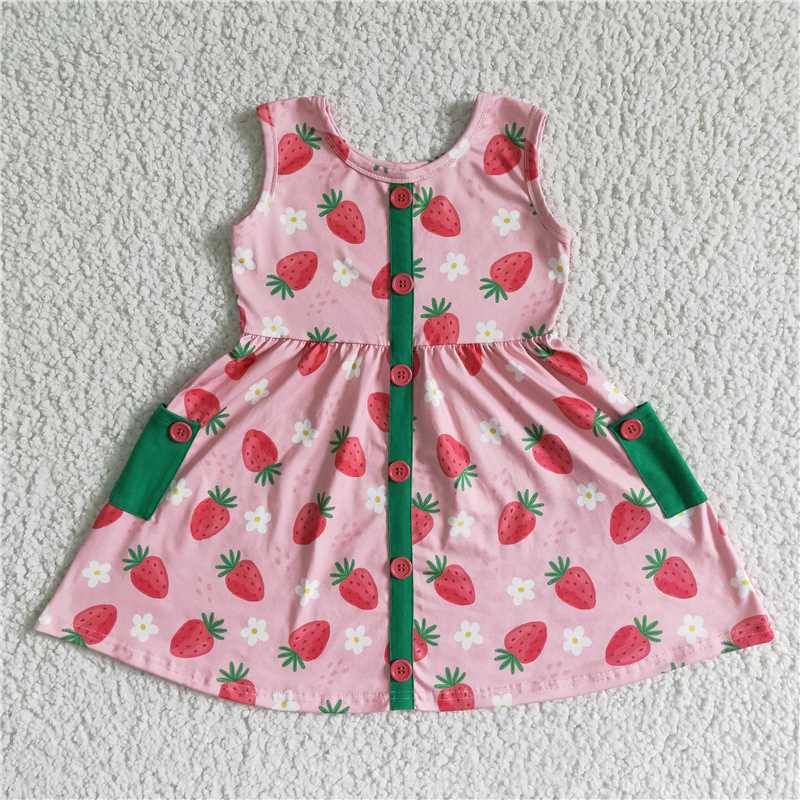 GSD0037 Pink Strawberry Vest Sleeveless Green Pocket Button Skirt