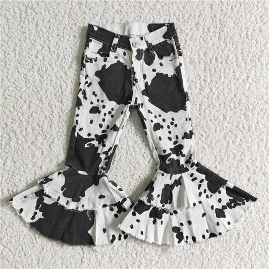 P0001 Black Denim Cow Print Double Lace Trousers