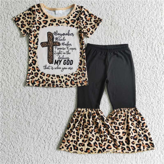 GSPO0218 Kids Easter Clothing Girls Short Sleeve Top And Long Pants Leopard Print