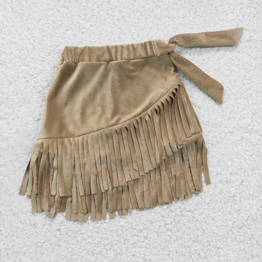 GLK0004 Girls Cream-Colored Gold Velvet Fringe Skirt