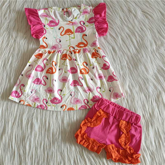 Girls Flamingo Short Sleeve Shorts Set