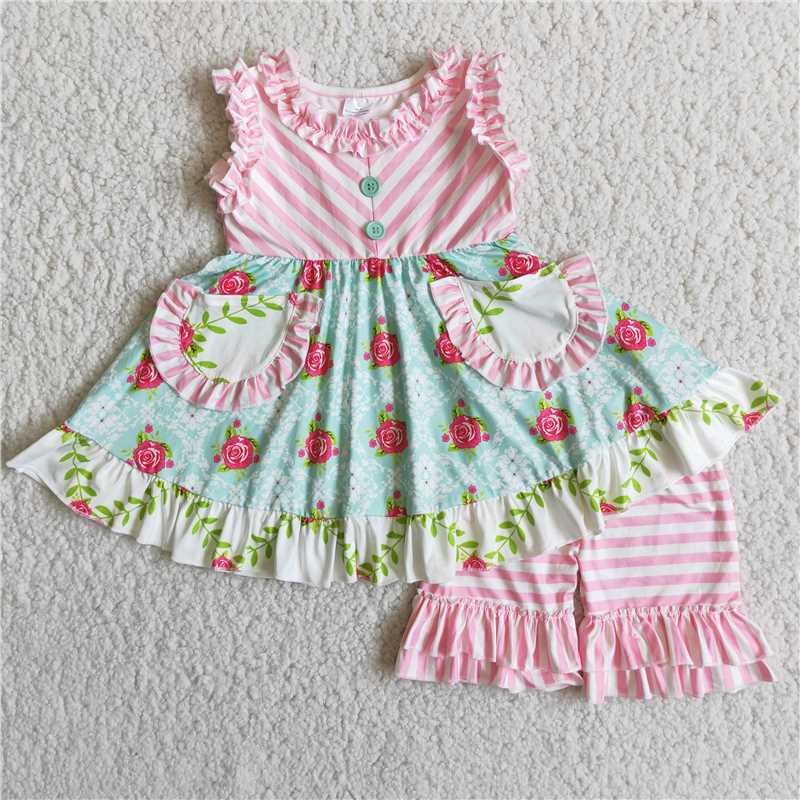 Girls Pink Striped Sleeveless Pocket Set