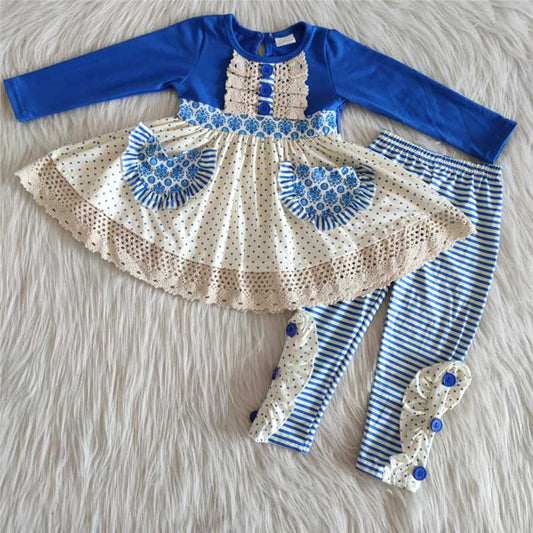 blue flowers pocket dress top girl set