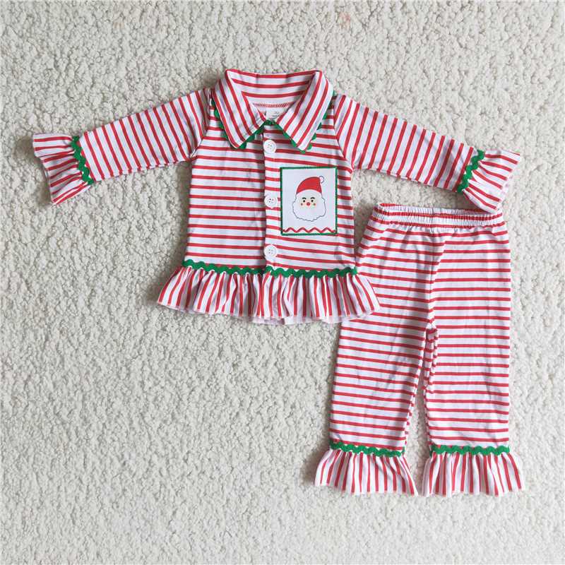 girl santa embroidered striped pajamas