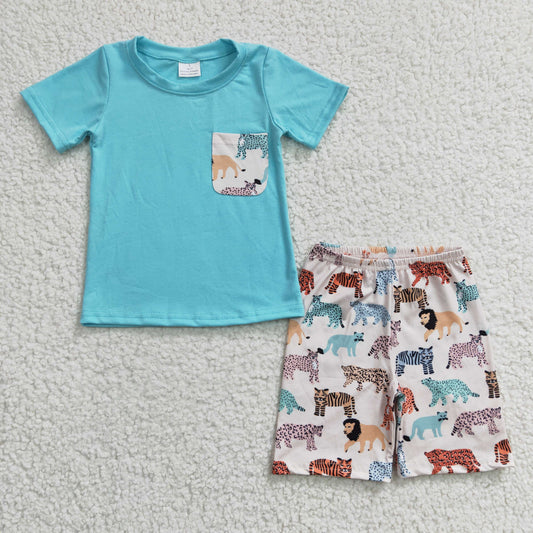 rts no moq BSSO0119 Boys Animal Tiger Lion Pocket Blue Short Sleeve Shorts Set