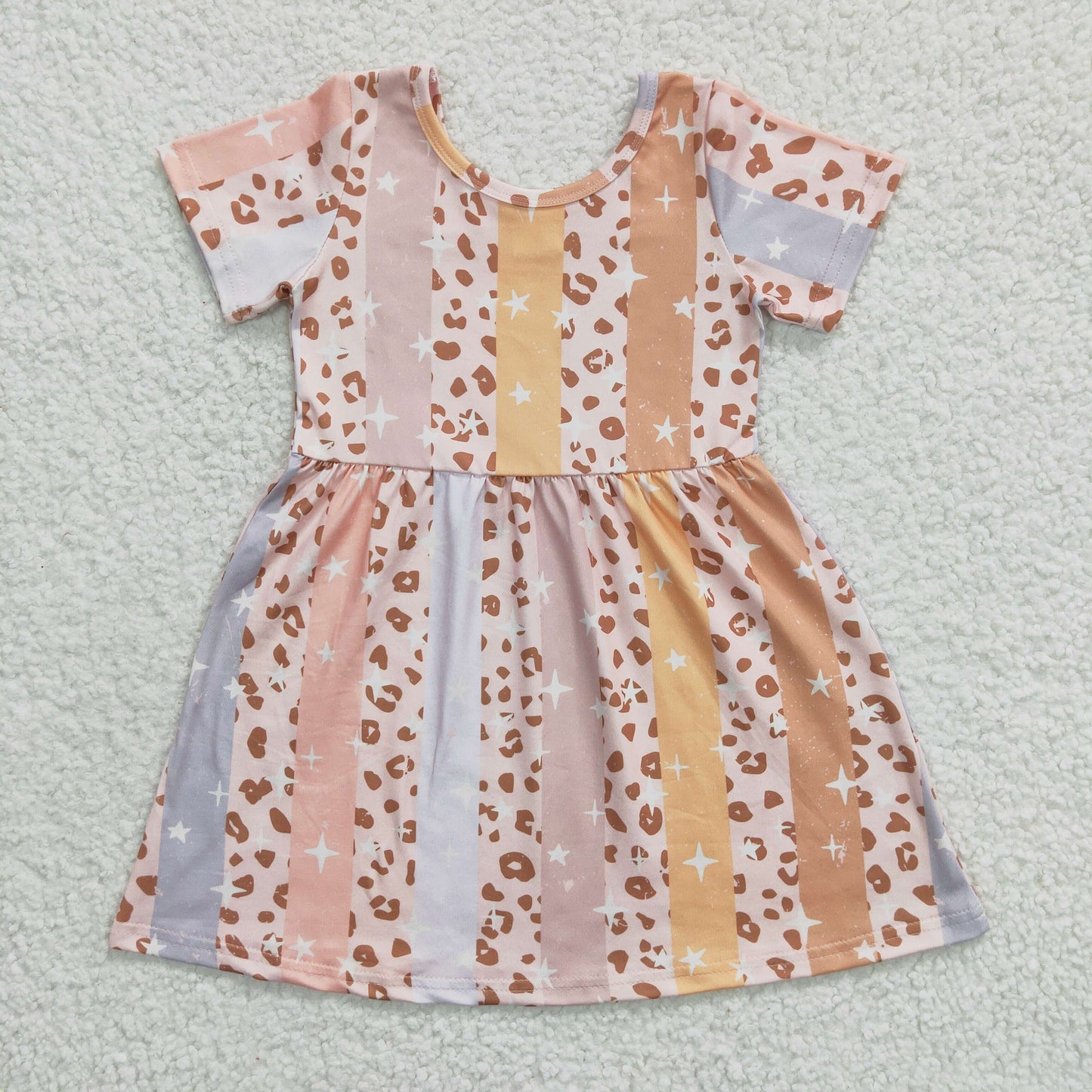 GSD0266 Girls Color Stripe Star Leopard Print Short Sleeve Dress