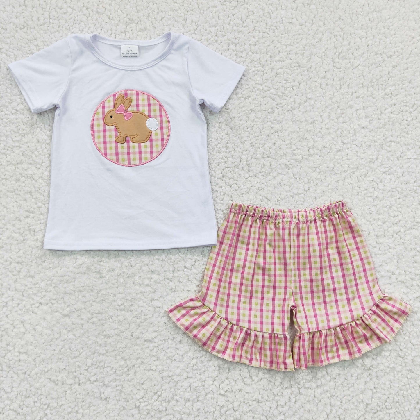 GSSO0158 Girls Embroidered Rabbit White Short Sleeve Plaid Shorts Set