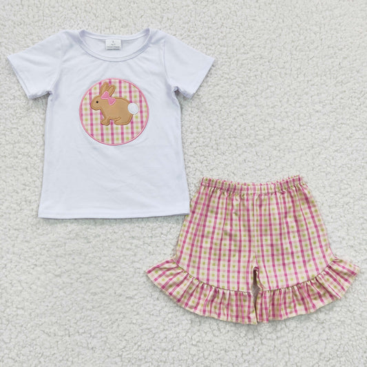 GSSO0158 Girls Embroidered Rabbit White Short Sleeve Plaid Shorts Set