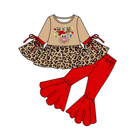 Girls Christmas Leopard Fawn Long Sleeve Pants Set