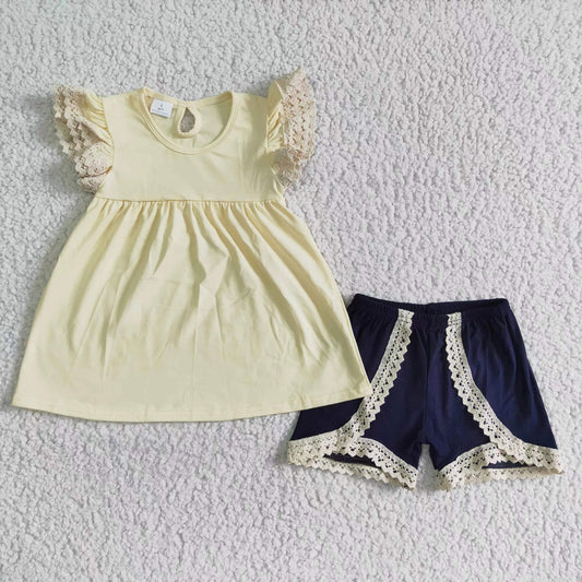 A13-21 Yellow Solid Lace Blue Shorts