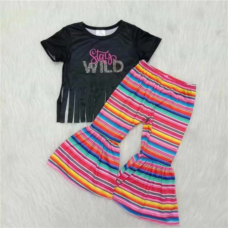 rts no moq D13-2 Black Tassel Letter Short Sleeve Color Striped Pants