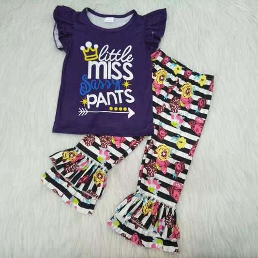 Girls flying sleeve with long pants flower print