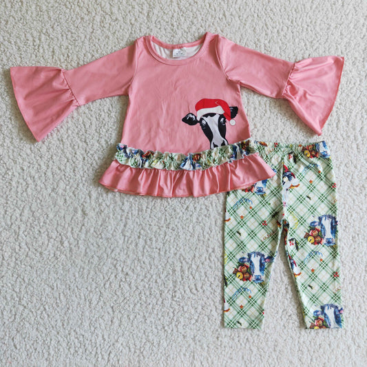 RTS NO MOQ 6 C10-30 girls christmas outfit long sleeve and long pants cow print