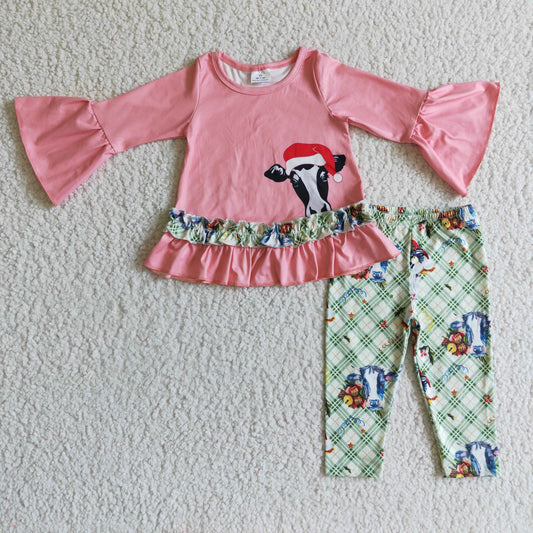 6 C10-30 girls christmas outfit long sleeve and long pants cow print