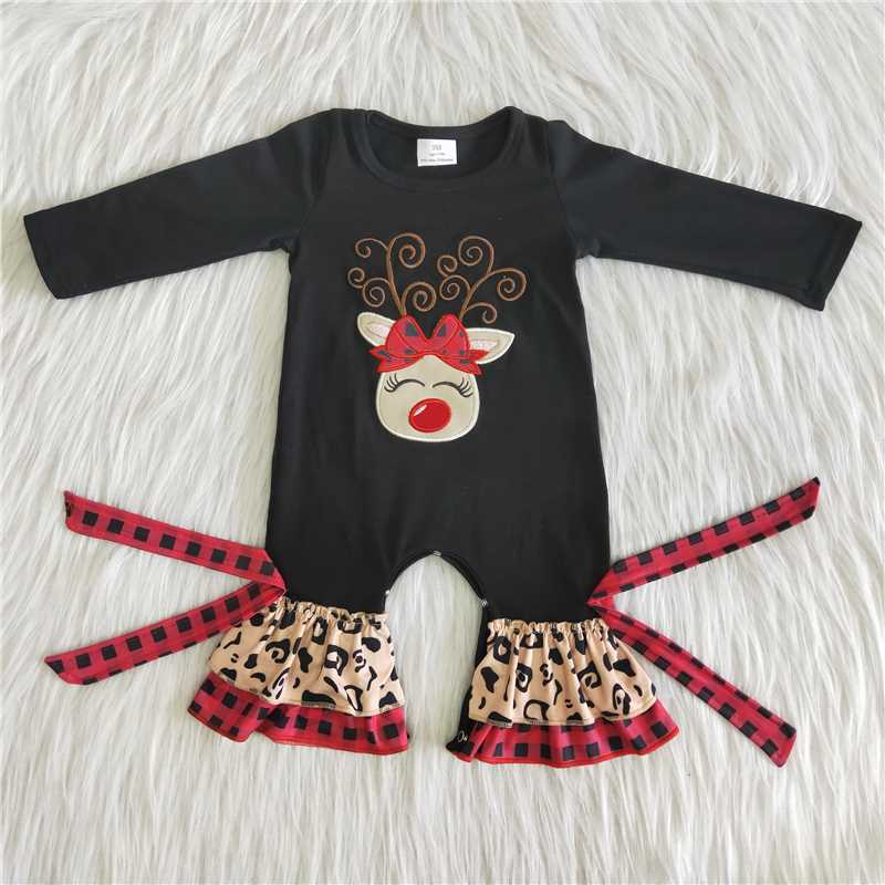 Christmas black deer long sleeve romper