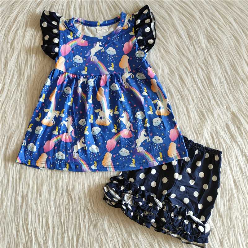 Girls Blue Rainbow Unicorn Little Flying Sleeve Short Sleeve Shorts Set