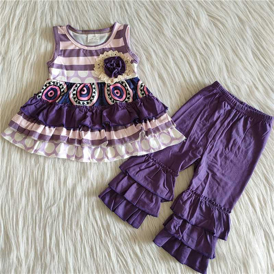 purple flowers summer top with long pants