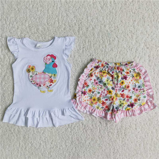 A16-10 Embroidered chicken white top floral shorts