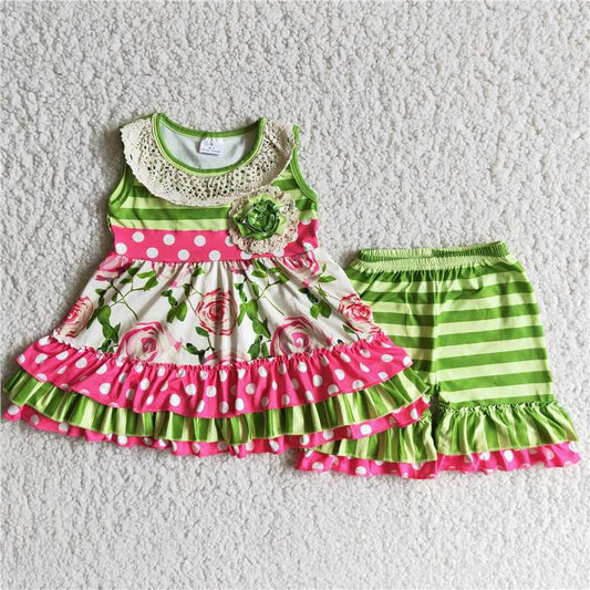 Girls Chest Floral Green Striped Short Sleeve Shorts Boutique Suit