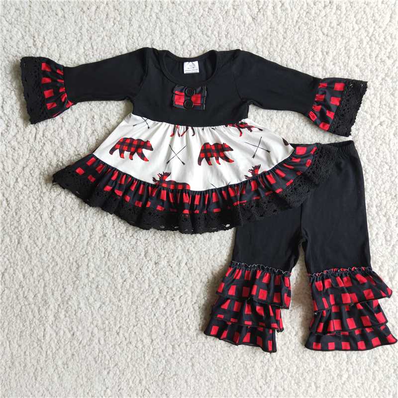 Christmas plaid bear three layer pants set